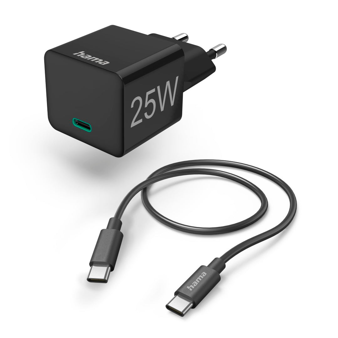 Hama Schnellladegerät mit Ladekabel USB-C, Mini-Ladegerät, PD, 25 W, 1,5 m, SW